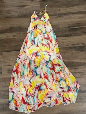 Alice and Olivia Silk Watercolor Backless Maxi Dress